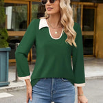Casual Color Matching Lapel Long Sleeve Blouse Top Women