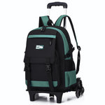 Black and green rolling backpack on a white background