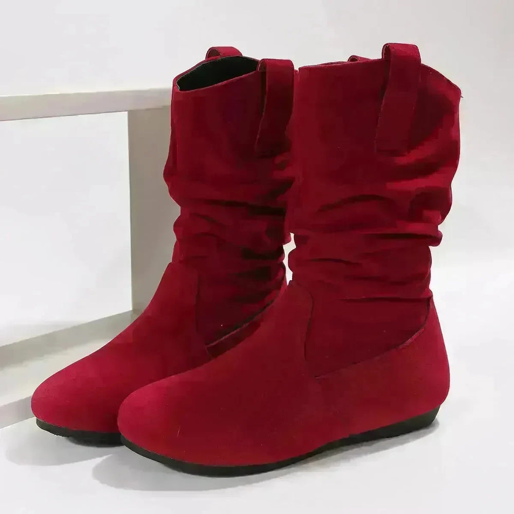 Round Toe Flat Boots Fashion Solid Color Suede Mid-calf Boot Winter Warm Shoes For Women - EX-STOCK CANADA