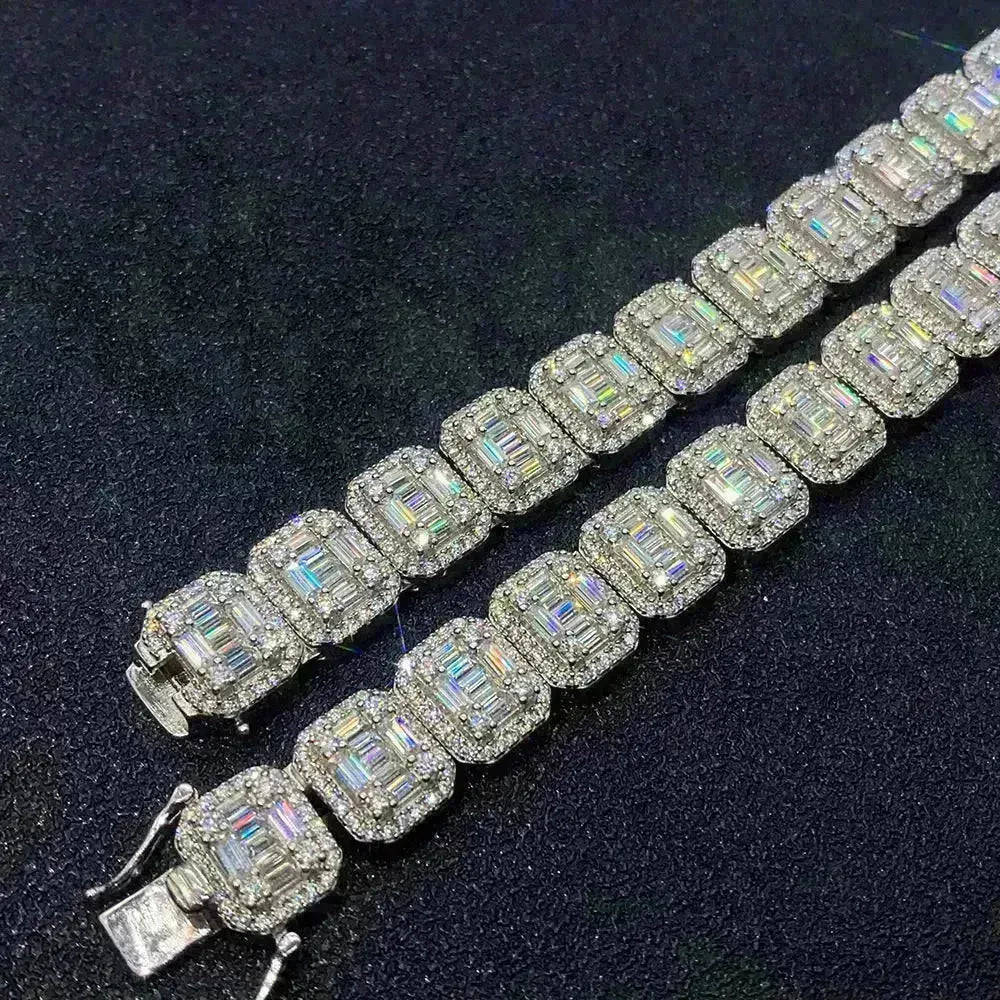 S925 Silver Inlay Rectangular Moissanite Diamond Cuban Link Chain