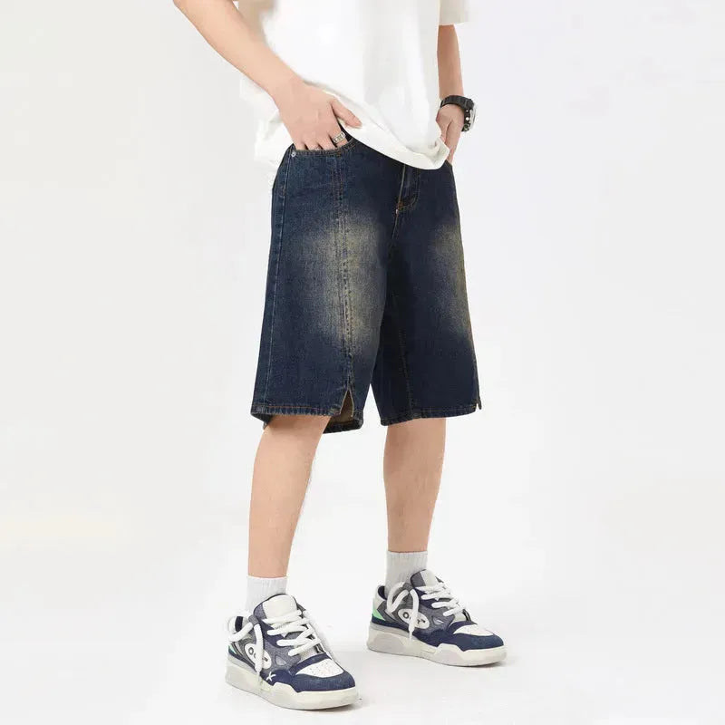 American-style Retro Washed Split Design Denim Shorts For Men Jeans