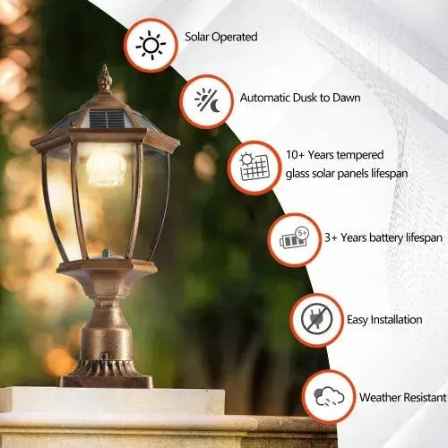 Vintage Gold Solar Pillar Headlight With Dimmable LED 1-Pack Outdoor Landscape Pathway Light - EX-STOCK CANADA