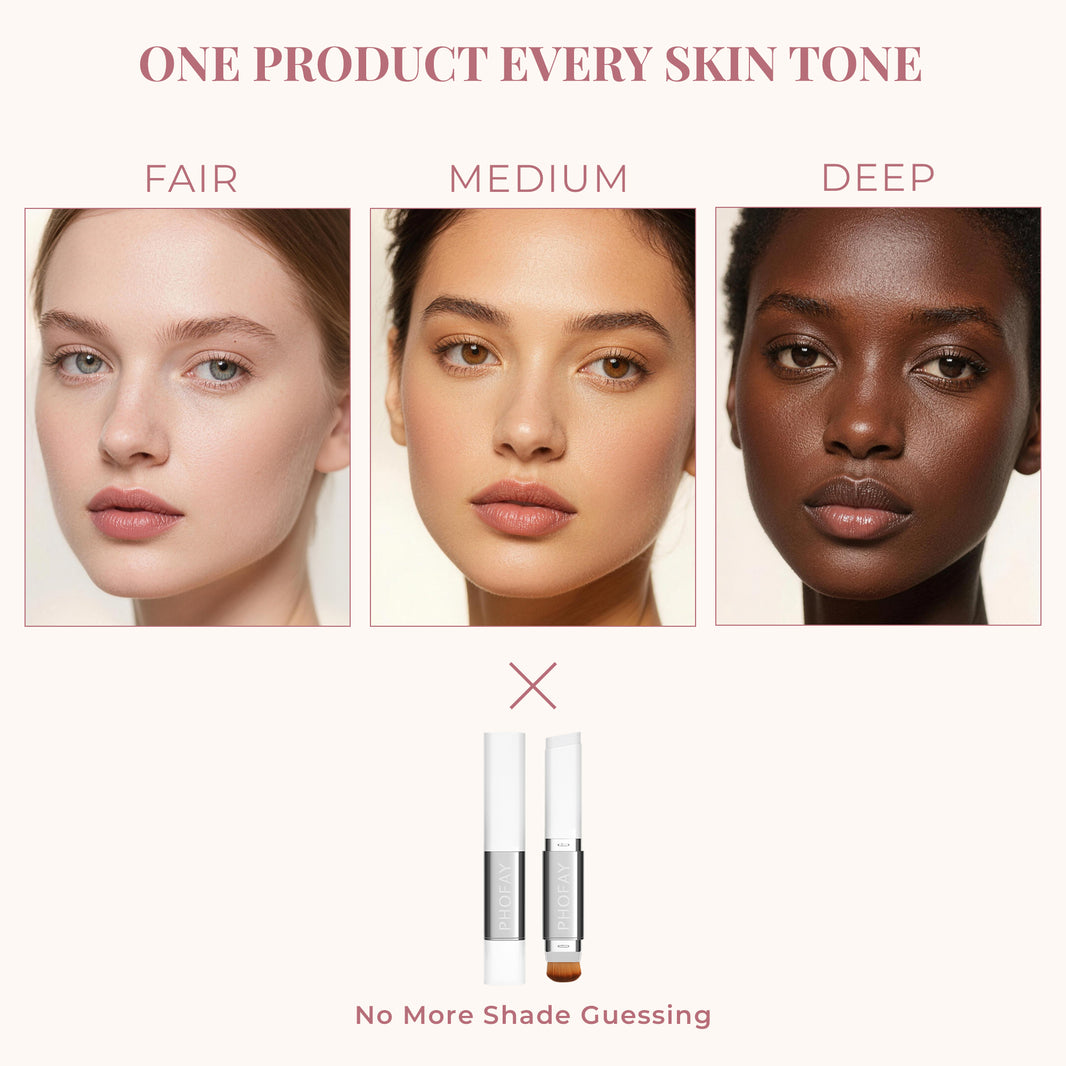Trois visages représentant des teints clairs, moyens et foncés avec un produit étiqueté 'Un Produit Pour Tous les Teints'.