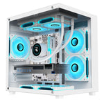 Computer case with blue LED lights on a white background