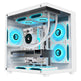Computer case with blue LED lights on a white background