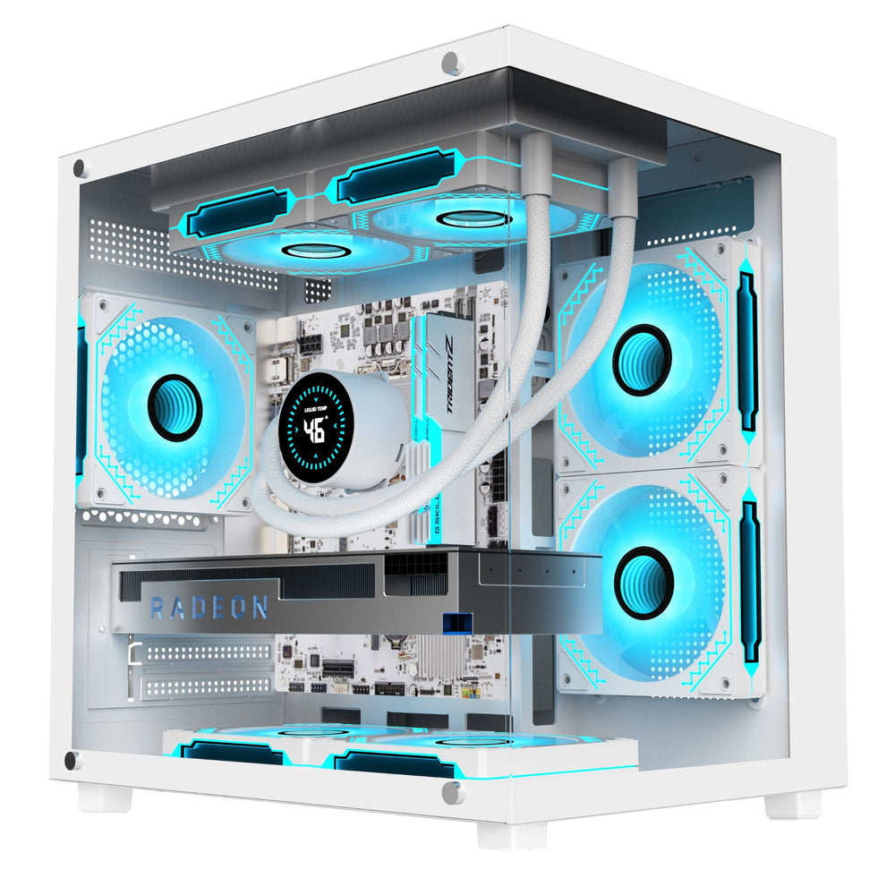 Computer case with blue LED lights on a white background