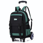 Black and green backpack with wheels on a white background