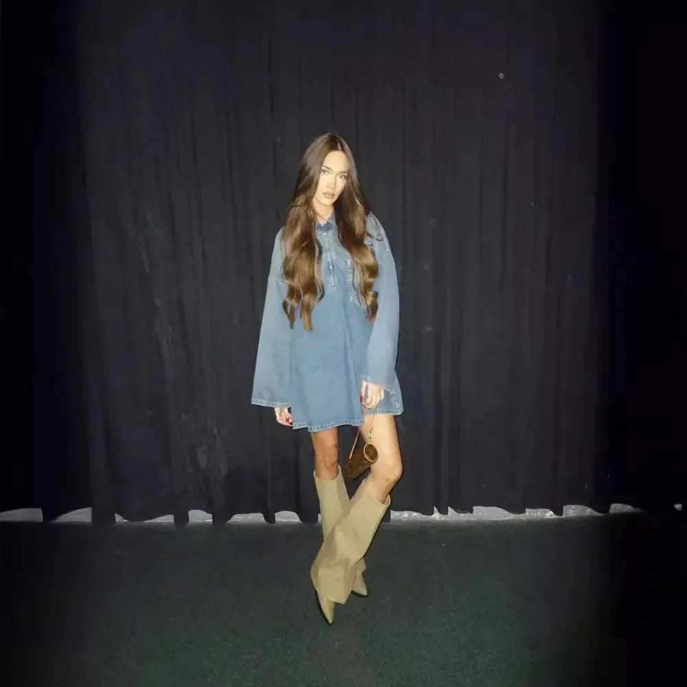 Lapel Patch Pocket Bell Sleeve Denim Dress - EX-STOCK CANADA