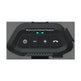 Black motorcycle helmet headset control module with four buttons and LED indicators, shown against a dark gray textured background.