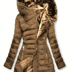 Brown puffer jacket with fur-lined hood on a white background