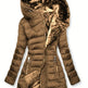 Brown puffer jacket with fur-lined hood on a white background