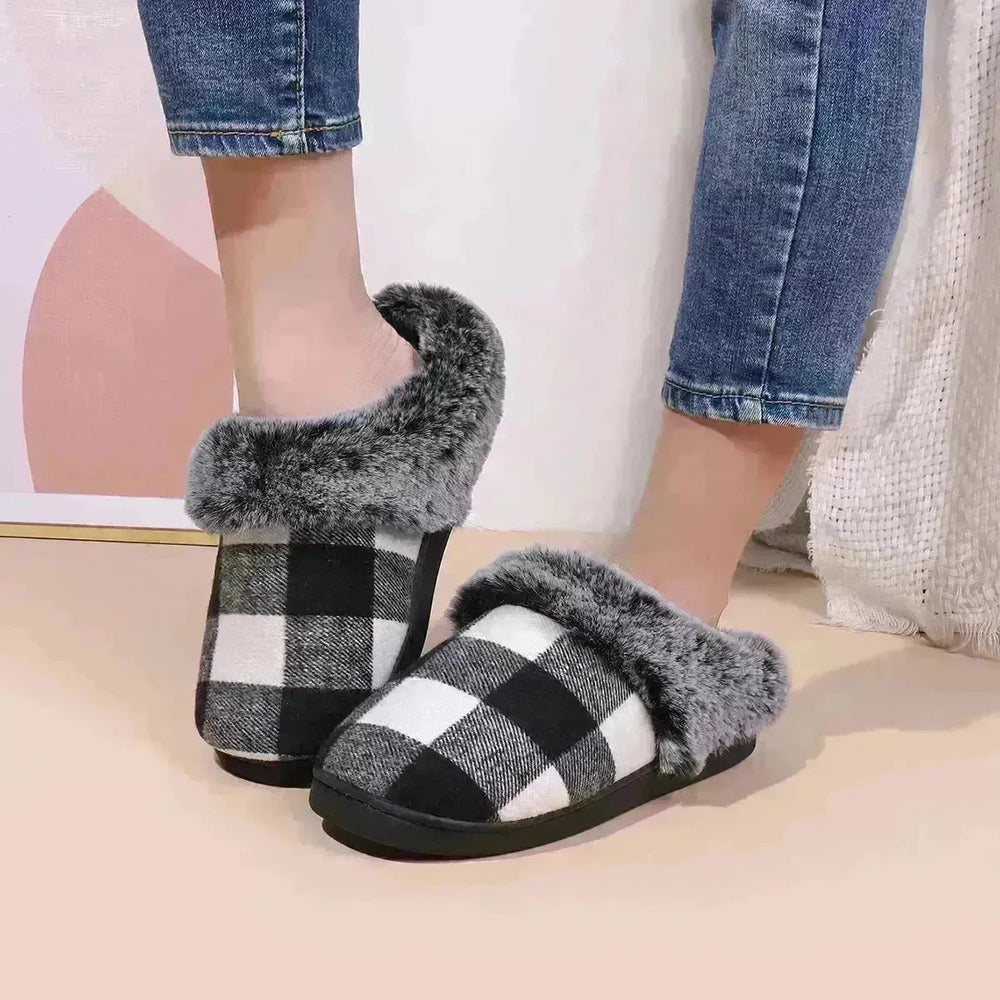 Winter Warm Plaid Plush Slippers Home Indoor Non-slip Bedroom Floor Soft Fuzzy Slipper For Couple Fashion Solid House Shoes - EX-STOCK CANADA