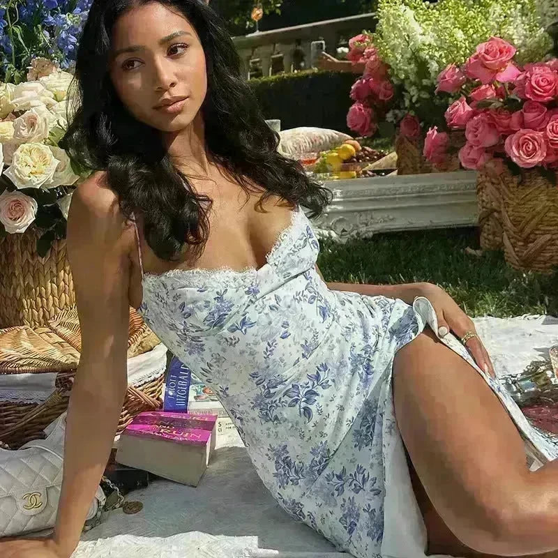Women's Floral Spaghetti Strap Cami Dress Lace Trim Side Slit Bodycon Midi summer Dress - EX-STOCK CANADA