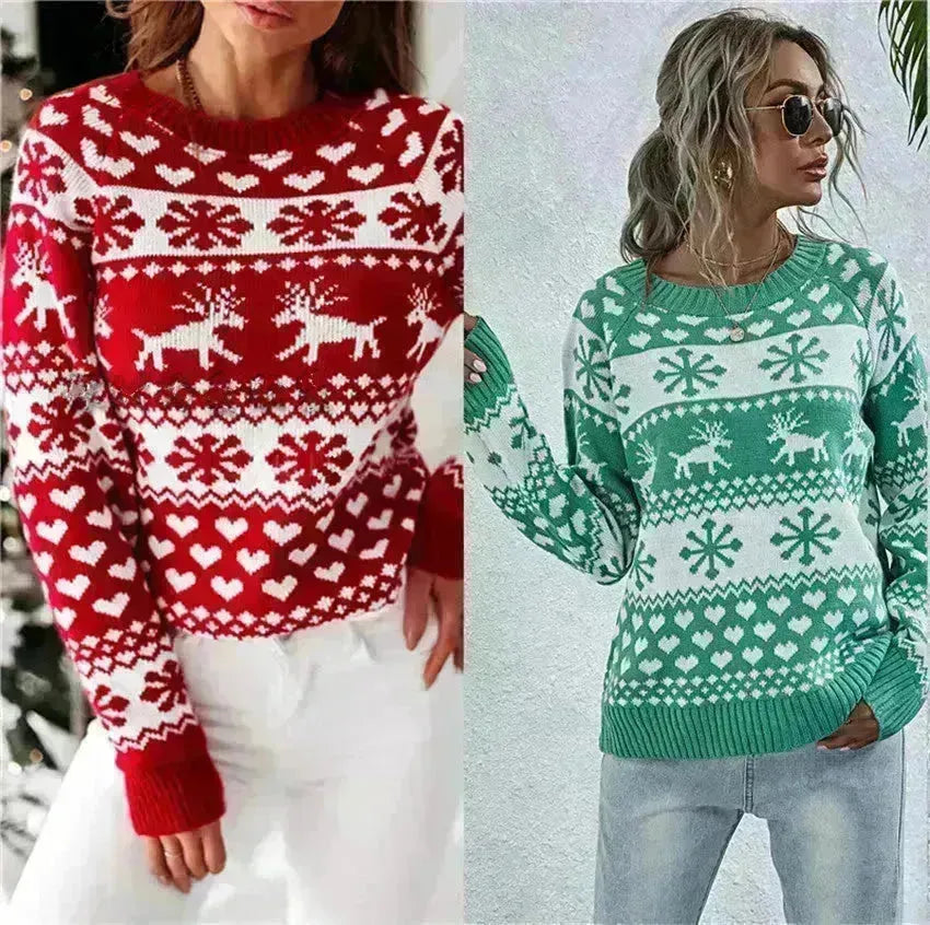Elk automne et hiver nouveau tricoté rond cou de chariot pour femmes Snowflake Pullover Women's Pull pour femmes