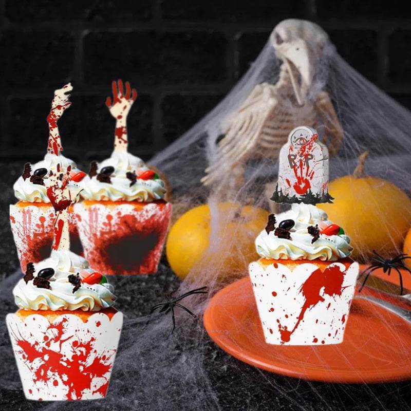 48Pcs Halloween Cupcake Toppers Wrappers Rip Kit Bloody Zombie Hand Cupcake Pick Decorations For Halloween Horror Movie Bloody Theme Birthday Party Cake Decorations Supplies - EX-STOCK Canada