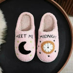 Fashion Moon And Clock Print Home Slippers Winter Warm Floor Bedroom House Shoes For Women