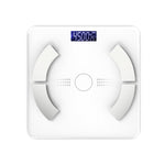A white digital body fat scale with a square platform, curved leg plates, and a blue backlit LCD display showing '45.00%'.