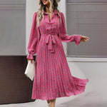 Women's Long Sleeve Midi Dress V Neck Button Down Belted A-Line Flowy EX-STOCK