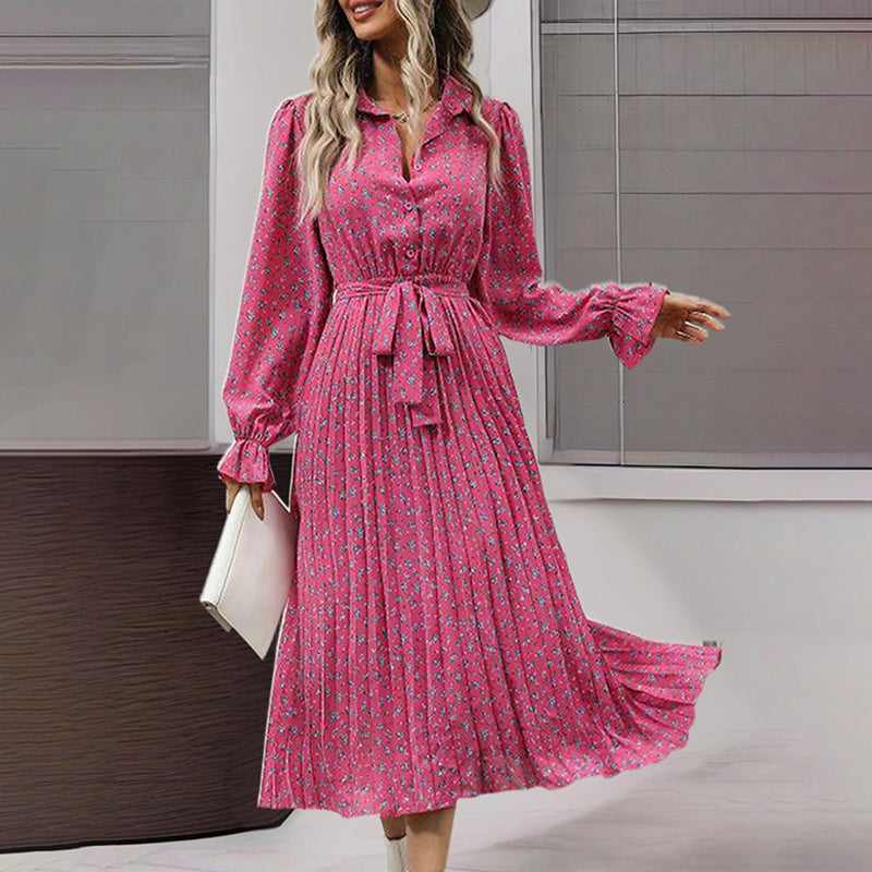 Women's Long Sleeve Midi Dress V Neck Button Down Belted A-Line Flowy EX-STOCK
