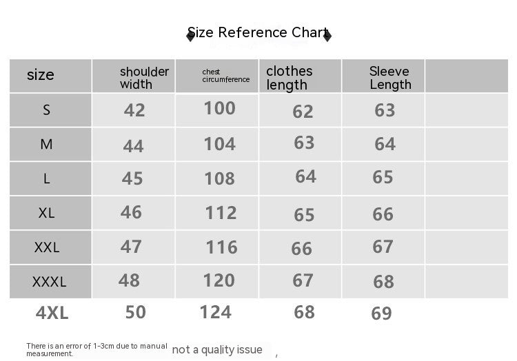 Size reference chart for clothing with measurements in centimeters