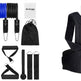 Assorted resistance bands and a black posture corrector on a white background
