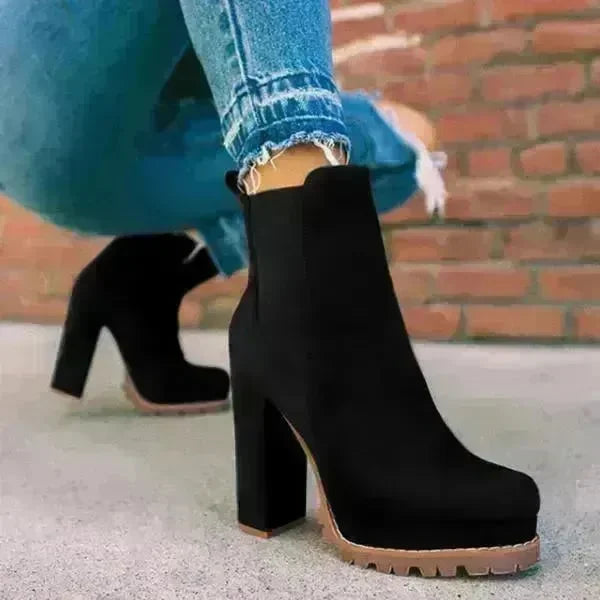 Round-toe Ankle Boots Solid Leopard Print Thick Square High Heel Shoes Ladies Casual Fashion Autumn Winter Suede Dress Party Boots - EX-STOCK CANADA