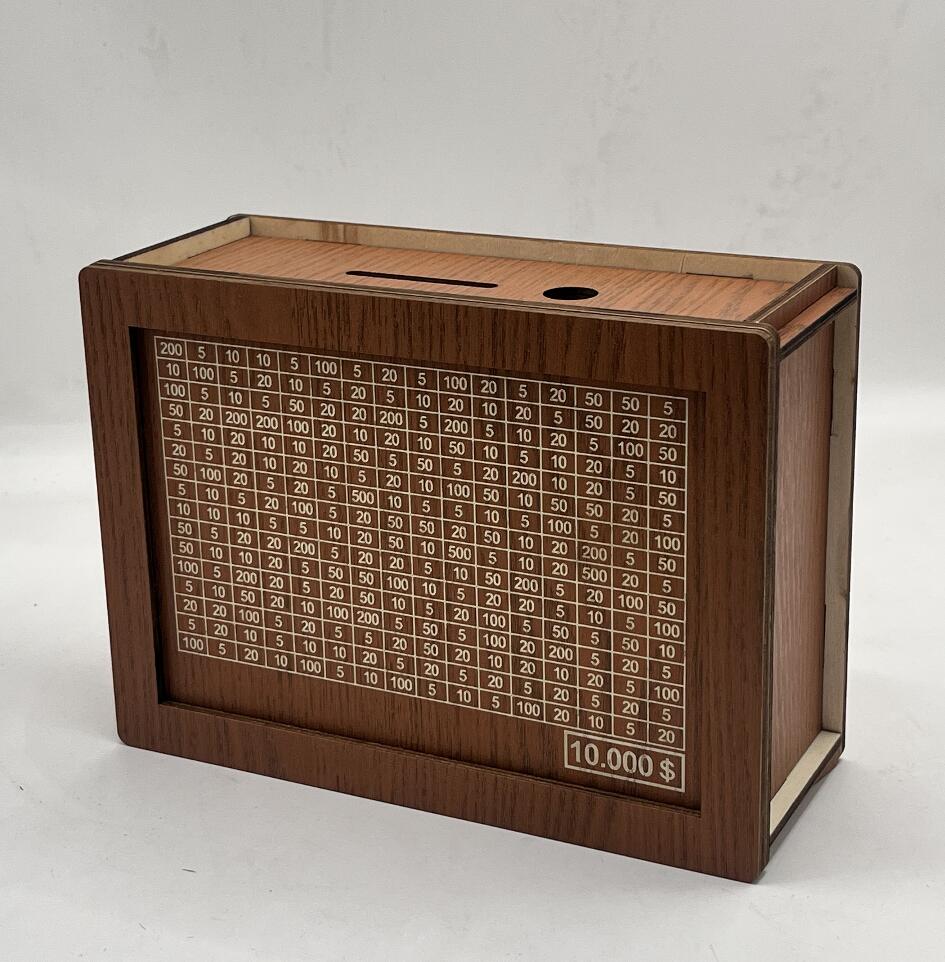 Wooden box with a printed grid and monetary value on a white background