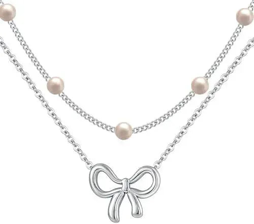 Simple Pearl Double Layer Choker Fashion Gold Color Necklaces Chain Small Bow Pendant Necklace Jewelry Gifts For Women Fashion Jewelry Valentine's Day Gifts - EX-STOCK CANADA