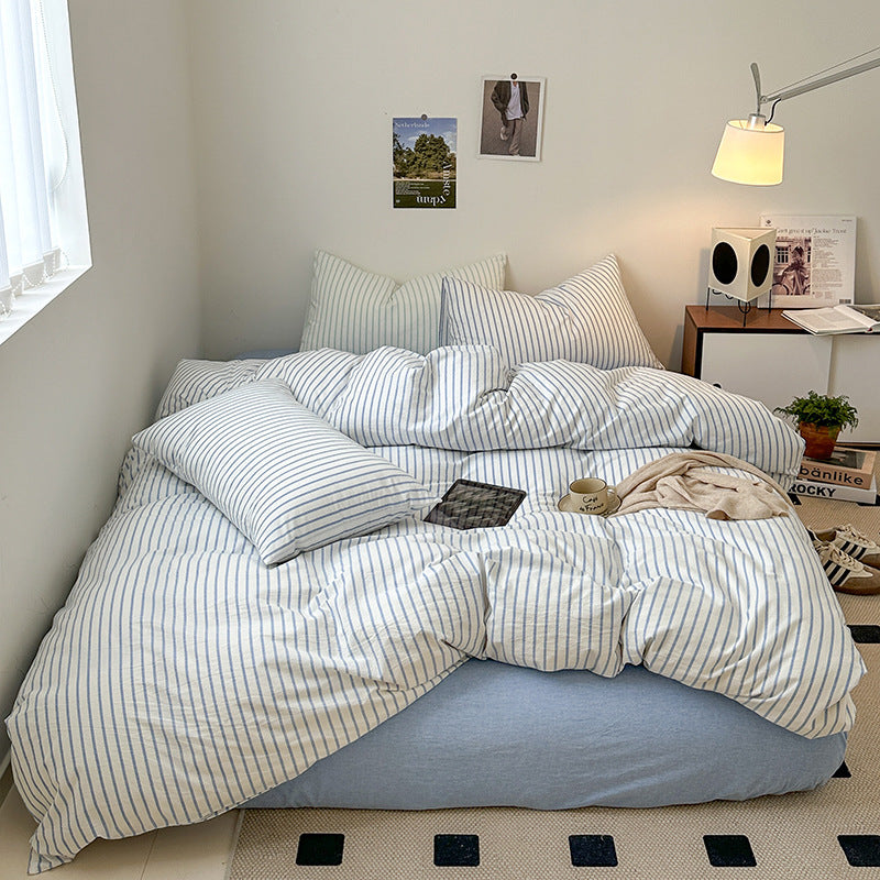 Cotton Yarn-dyed Washed Cotton Four-piece Set Full-cotton Fitted Sheet Non-printed Minimalist Bed Sheet Duvet Cover EX-STOCK Canada 