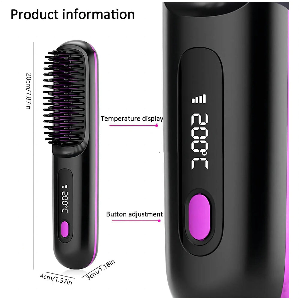 S7 Portable Cordless Hair Straightening Brush With LED Display - Lightweight Mini Negative Ion Hot Brush, USB Rechargeable Women's Travel Essentials Gift, Scald Protection EX-STOCK