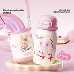 Pink water bottle with rabbit design and matching pouch on a pink background