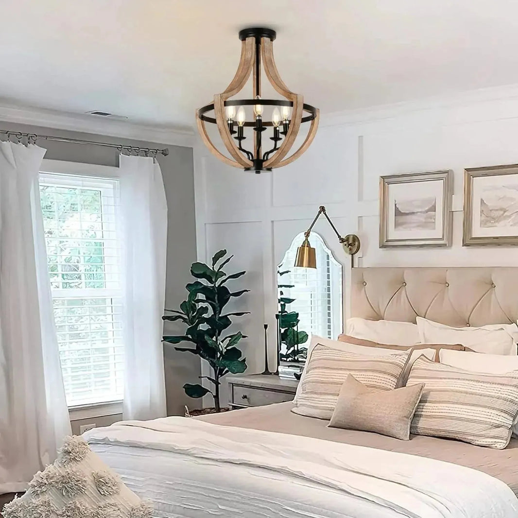 Solid Wood Modern Chandelier For Dining Room, Living Room, Kitchen, Island, Bedroom, Foyer, Height Adjustable, Brown
