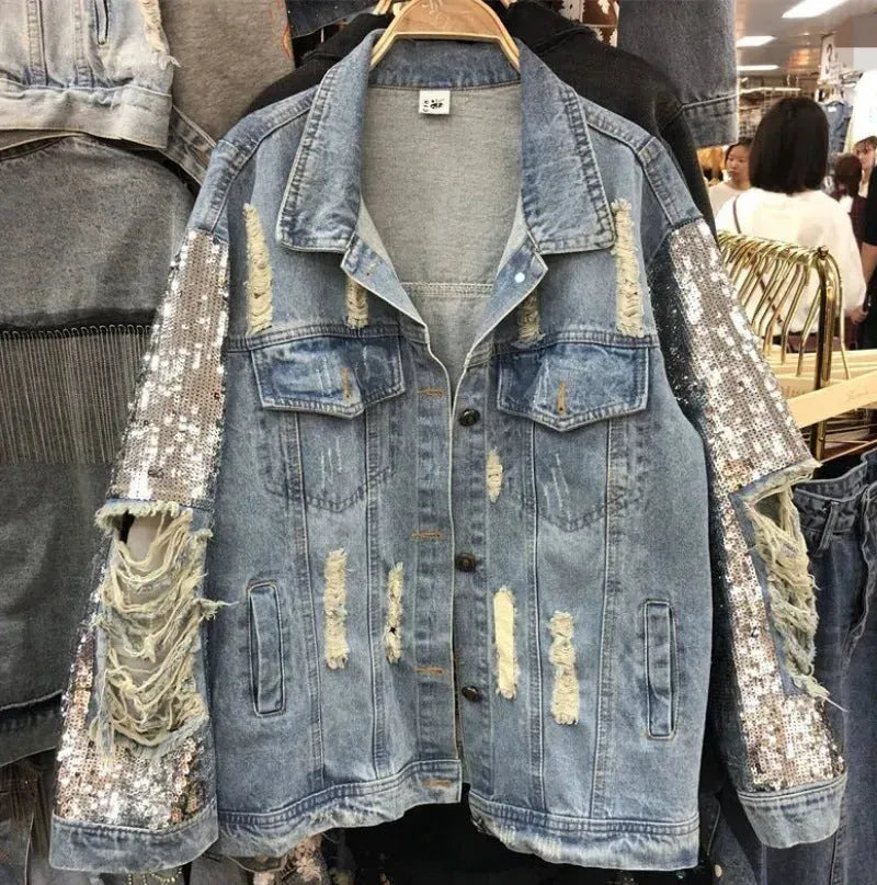 Street Fashion Heavy Industry lose Ripped Sequined Sleeve Denim Jacket Women
