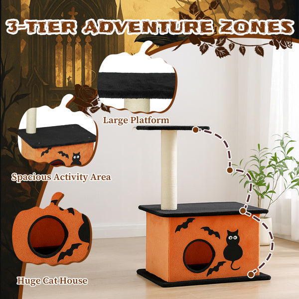 Halloween Cat Tree, Cat Tower Cat Tree For Indoor Cats With Spacious Cat Condo, Large Platform, Sisal Scratching Post, Orange & Black EX-STOCK