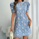 Women's Summer Mini Dress Short Sleeve Floral Jacquard Puff Sleeve Crew Neck Dress EX-STOCK