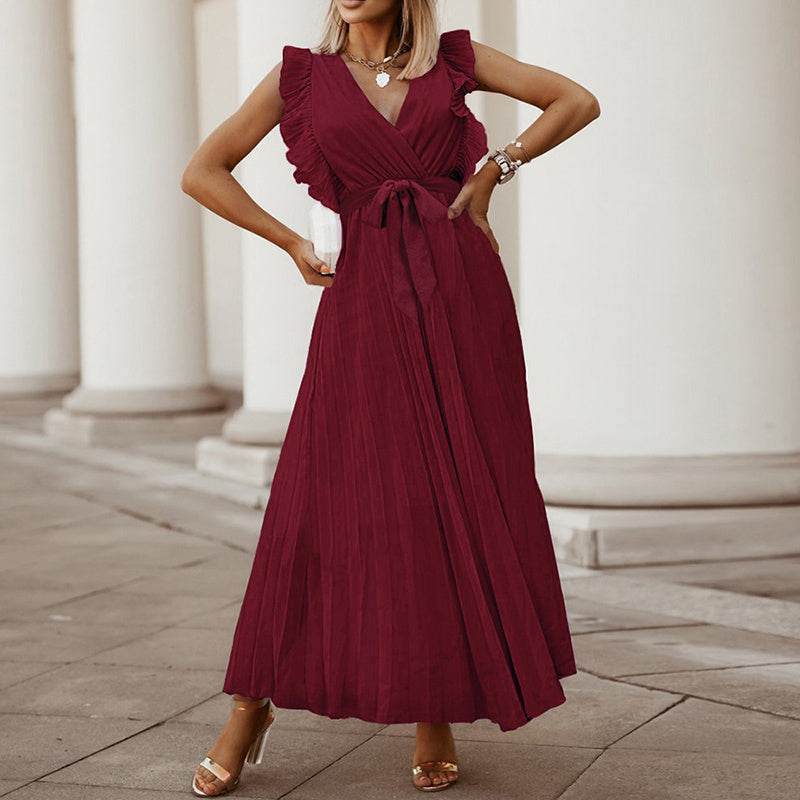 Maxi Dresses For Women - Elegant V Neck Ruffled Sleeves Empire Waist Pleated Flowy Dress - EX-STOCK Canada