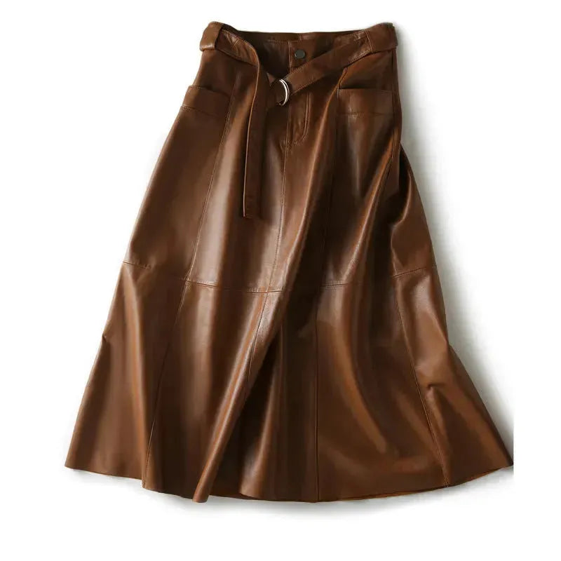 Fashion Retro All-match A- Line High Waist  Formal Office Work Midi Faux Leather Skirt - EX-STOCK CANADA