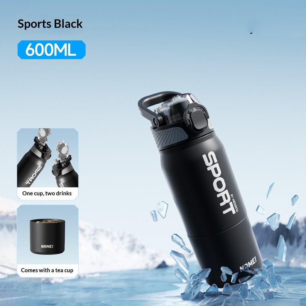 A black insulated water bottle with a flip-top lid and large white SPORT text, shown tilted in icy water with splash effects. Text on the image reads 'Sports Black', '600ML', and includes small inset callouts about one cup, two drinks, and a tea cup.