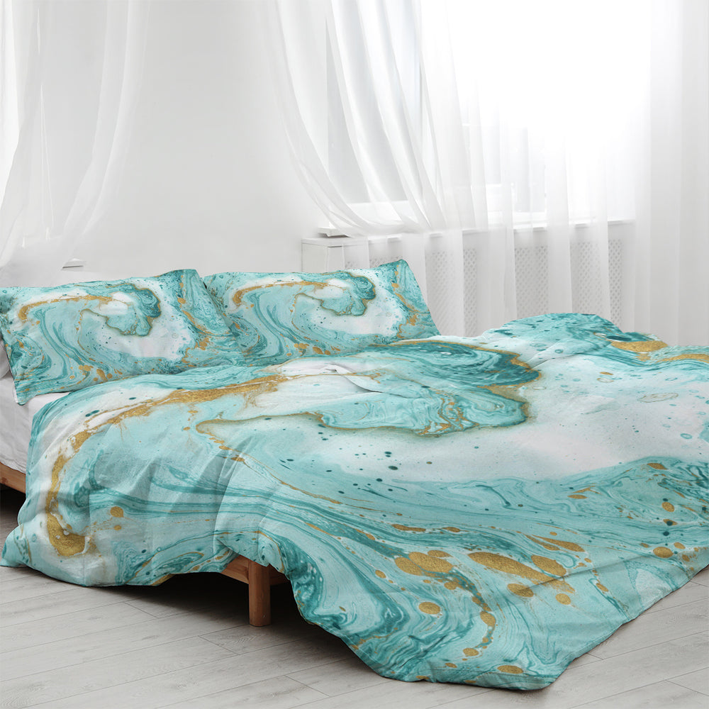 Chic Girly Marble Duvet Cover Mint Gold Glitter Turquoise Bedding Comforter Set Abstract Aqua Teel Blue Duvet Cover EX-STOCK Canada 