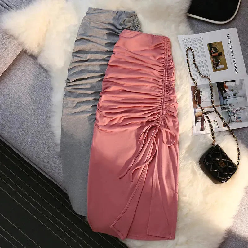 Women's drawstring Side Slit Pleated Hip Midi Skirt - EX-STOCK CANADA