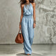 Blue Women's Halter Neck Backless Wide-Leg Jumpsuit | Sleeveless Lace-Up Onesie