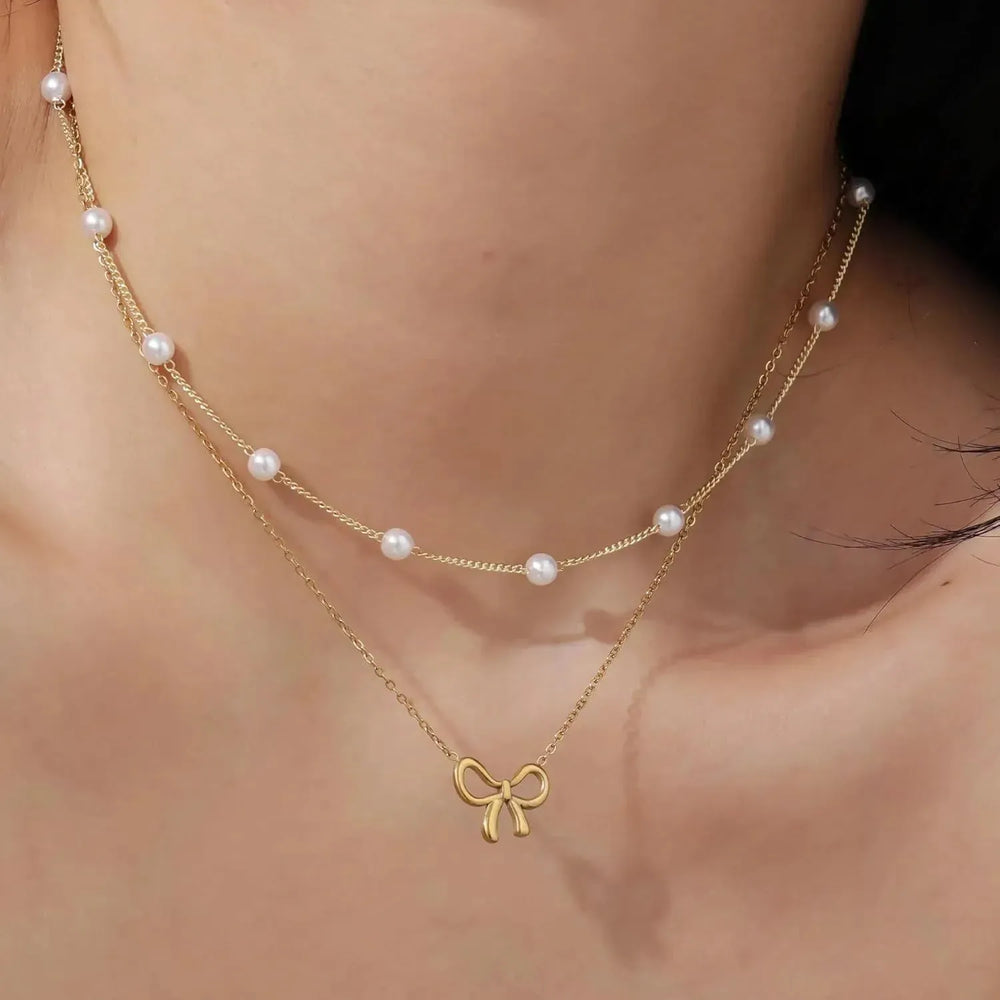 Simple Pearl Double Layer Choker Fashion Gold Color Necklaces Chain Small Bow Pendant Necklace Jewelry Gifts For Women Fashion Jewelry Valentine's Day Gifts - EX-STOCK CANADA