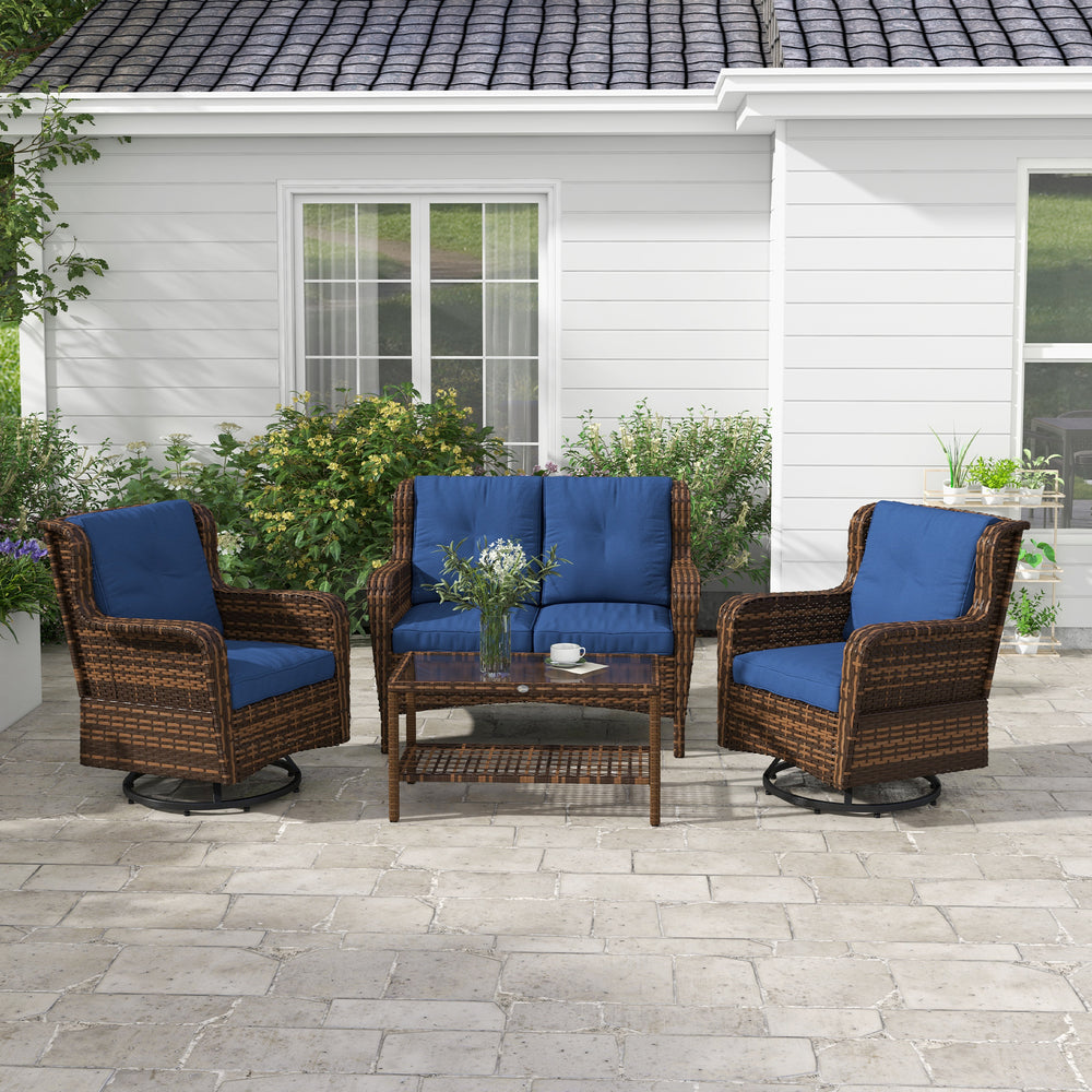 4 Piece Rattan Patio Furniture Set, Conversation Set with Swivel Glider Chairs Table Loveseat for Garden, Patio, Blue EX-STOCK Canada 