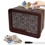 Wooden money box with a digital display and coins around it