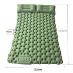 Green inflatable camping mattress with dimensions on a white background