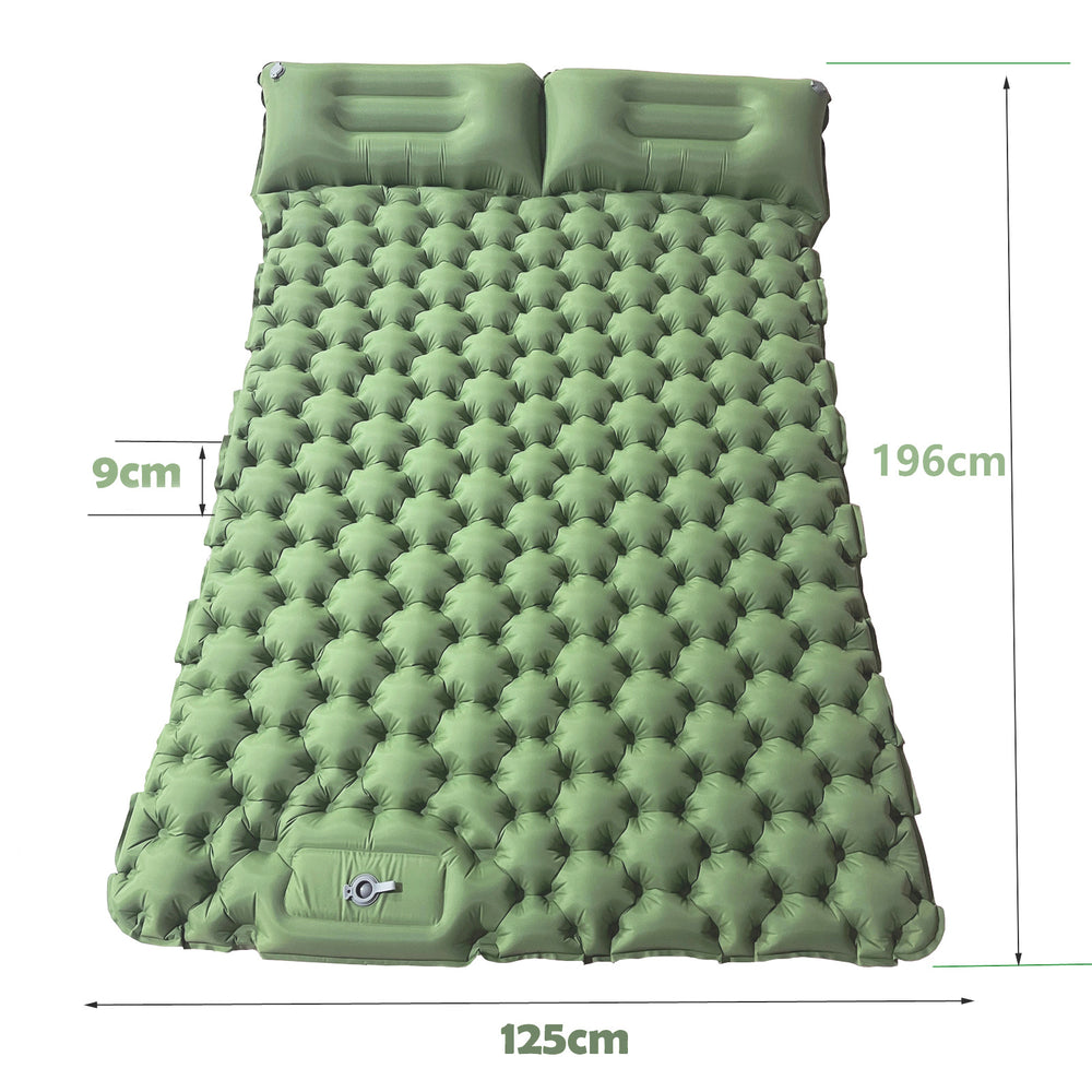 Green inflatable camping mattress with dimensions on a white background