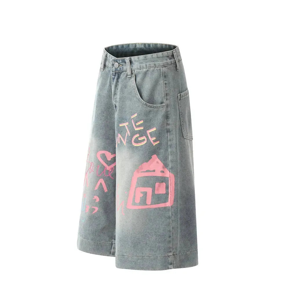 Hand Painted Graffiti Printing Denim Shorts Men Jeans