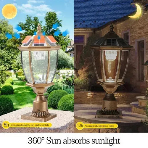 Vintage Gold Solar Pillar Headlight With Dimmable LED-2 Pack Landscape Pathway Light