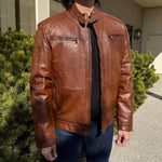 BOL Men's Snap Collar Leather Racer Jacket 