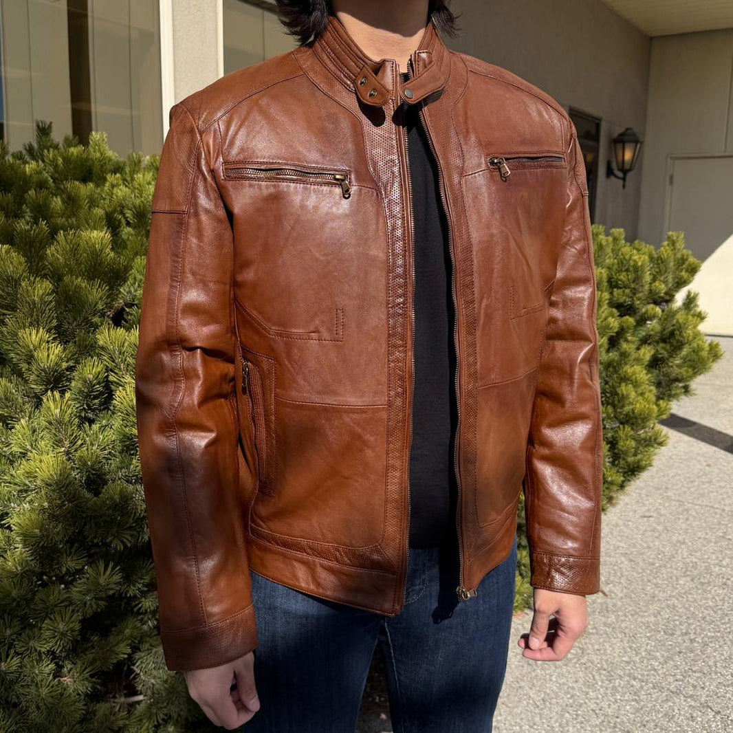 Giacca da motociclista in pelle con collo a scatto da uomo BOL 